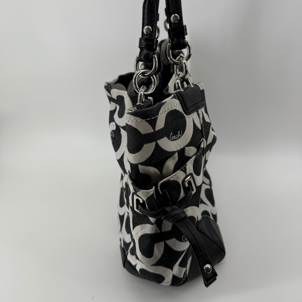 Coach 14573 Y2K Optic O Black White Canvas Tote Bag Leather Shoulder Purse - Picture 3 of 16